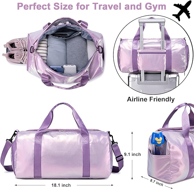 Gym Bag Sports Duffle Bag with Wet Pocket Weekender Overnight Bag with Waterproof Shoe Pouch and Air Hole for Women Girls Travel Foldable Bag (Metallic Purple)
