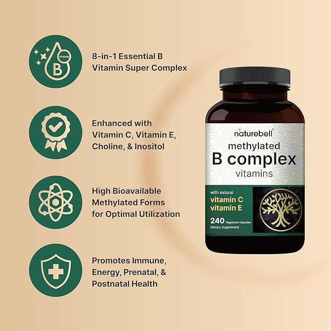 Methylated B Complex Vitamins, 240 Veggie Capsules | Multivitamin B Complex | B12, Folate, Biotin & More – with Natural Vitamin C, E, Choline & Inositol – Immune, Energy, & Prenatal Support