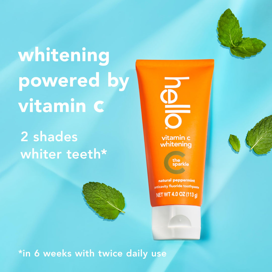 hello Vitamin C Whitening Toothpaste with Fluoride, Whitening SLS Free Toothpaste, Up to 2 Shades Whiter Teeth, No Peroxide, Safe for Everyday Use, Natural Peppermint, 4.0 Oz