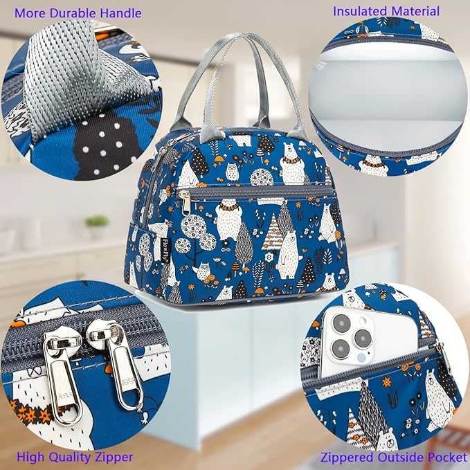 FlowFly Insulated Lunch Cooler Bag - Owl Tote Organizer for Women/Men