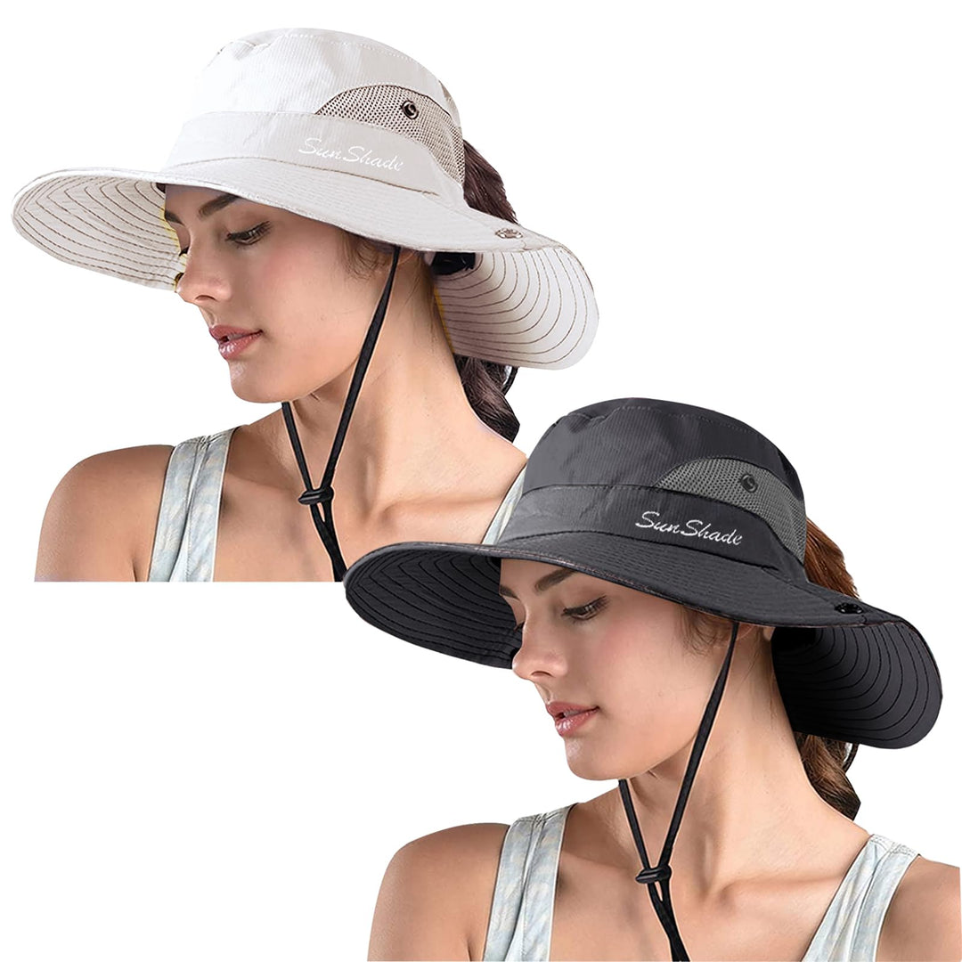 ZOORON Women's Ponytail Safari Sun Hat,Wide Brim UV Protection Outdoor Bucket Hat,Foldable Beach Summer Fishing Hat