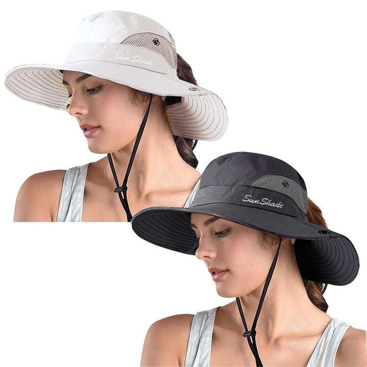 ZOORON Women's Ponytail Safari Sun Hat,Wide Brim UV Protection Outdoor Bucket Hat,Foldable Beach Summer Fishing Hat