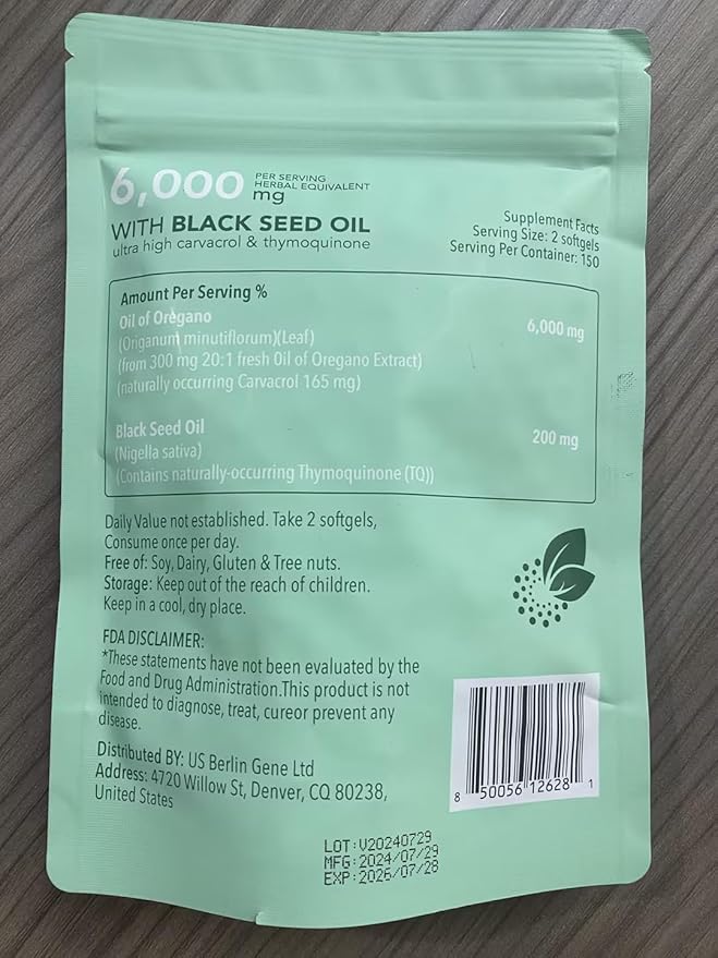 Oil of Oregano Capsules, Balanced Oil of Oregano with Black Seed Oil, Organic Oregano Oil Softgels,Carvacrol,Thymoquinone, Non-GMO