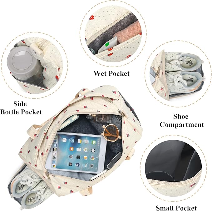 Gym Bag Sports Duffle Bag with Wet Pocket Weekender Overnight Bag with Waterproof Shoe Pouch and Air Hole for Girls Kids Women Travel Foldable Bag