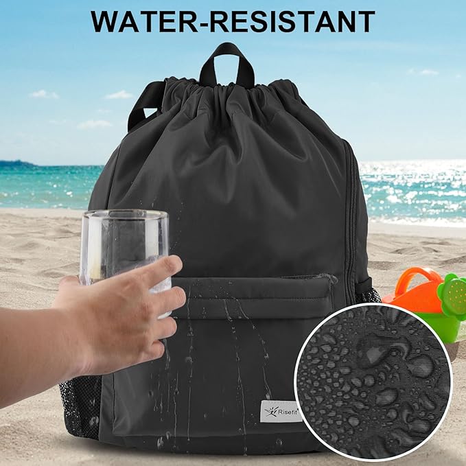 Drawstring Backpack with Mesh Pockets String Gym Bag Sackpack Sandproof Water Resistant Beach Backpack for Men Women
