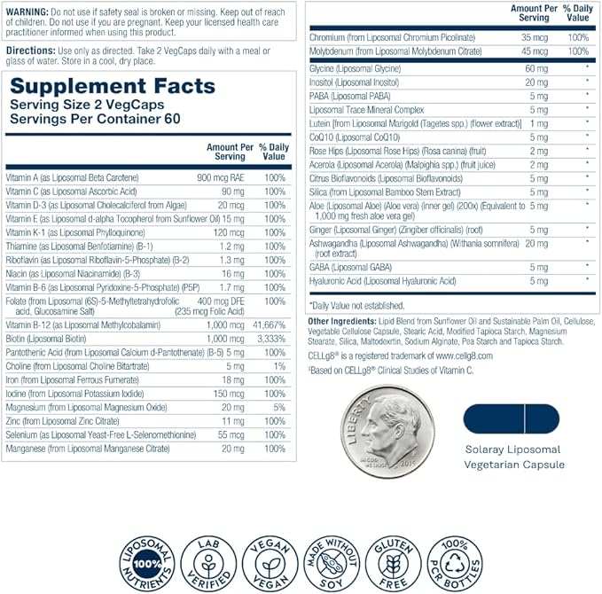 SOLARAY Liposomal Multivitamin for Women, Enhanced Absorption, High Potency w/Iron, Vitamin D, Vitamin C, B12, Biotin, CoQ10, Immune Support, Bone Health, Vegan, 60 Servings, 120 VegCaps