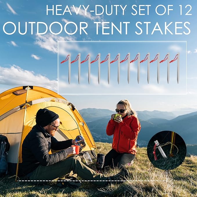 Gold Armour Tent Stakes - 12 Pack Heavy Duty, Lightweight, Camping Stakes Pegs for Outdoor Tent and Tarp, Essential Camping Gear Equipment Accessories (Silver)