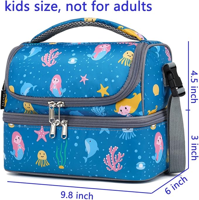 FlowFly Double Decker Cooler Insulated Lunch Bag Large Tote for Boys, Girls, Men, Women, With Adjustable Strap (Blue-Mermaid)