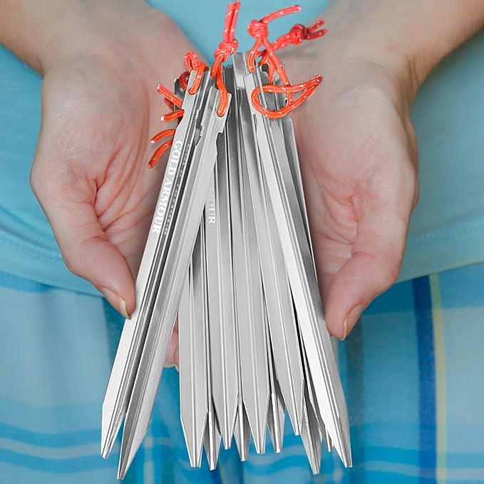 Gold Armour Tent Stakes - 12 Pack Heavy Duty, Lightweight, Camping Stakes Pegs for Outdoor Tent and Tarp, Essential Camping Gear Equipment Accessories (Silver)