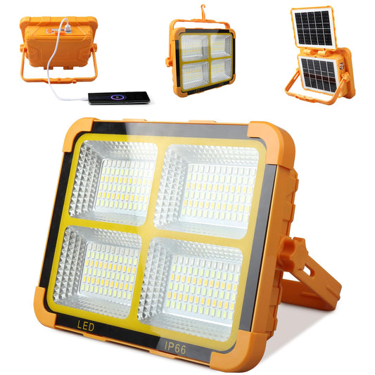 100W Double Solar Portable Work Light, 288 LEDs Rechargeable FloodLights Outdoor with Stand, 4 Light Modes, 12000mAH 10000LM Power Bank Waterproof Spotlight for Repairing, Emergency, Camping