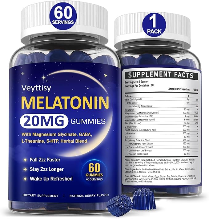 Melatonin 20mg Gummies for Adults - Max Strength Melatonin Gummy Supplement with Magnesium Glycinate, B6, B12, L-Theanine, GABA, 5-HTP & Herbs - Non-Habit Forming, Vegan, Natural Mixed Berry Flavor