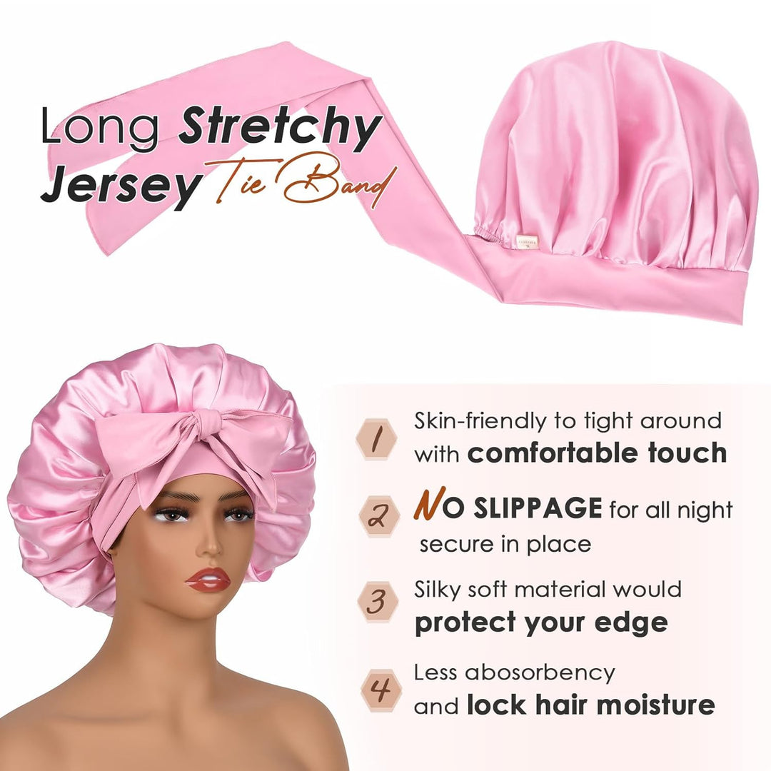 Silk Sleeping Bonnet for Women | Double Layer Satin Lined | Curly Hair, Black