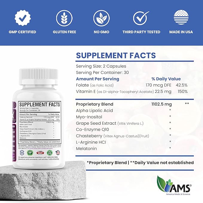 America Medic & Science OVA-Max Prenatal Vitamins for Women (120 Capsules) Boosts Fertility and Ovulation | Pregnancy Aid and Female Preconception Supplements with CoQ10, Folic Acid, and Myo-Inositol