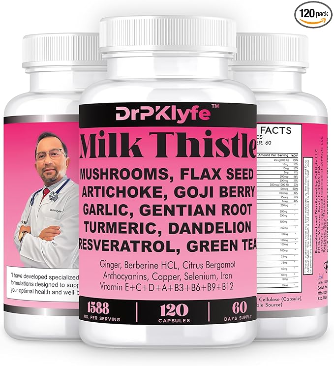 Milk Thistle Capsules for Liver Detox & Cleanse Support – with Dandelion Root, Resveratrol, Artichoke, Moringa, Silymarin – 120 Capsules (60-Day Supply)