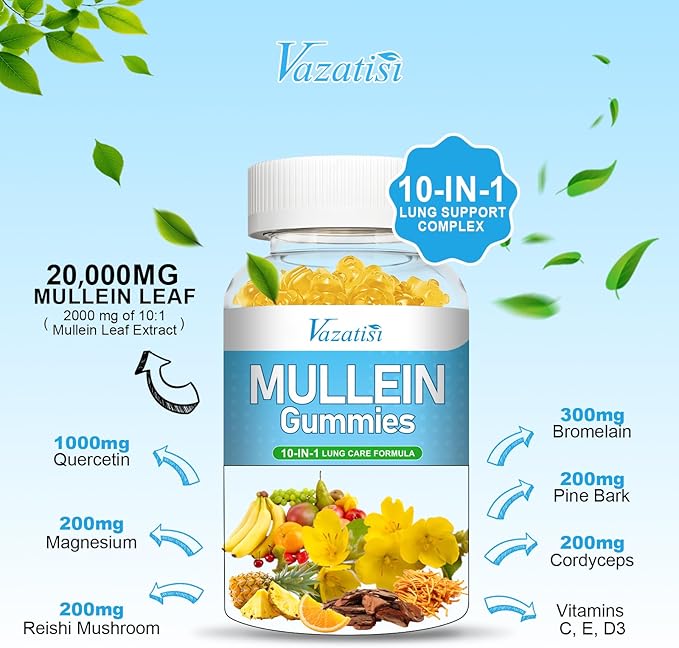 Mullein Gummies, Mullein Leaf Extract for Lungs Gummies with Bromelain, Quercetin, Magnesium - Lung Detox & Cleanse, Pineapple Flavor, 120Cts
