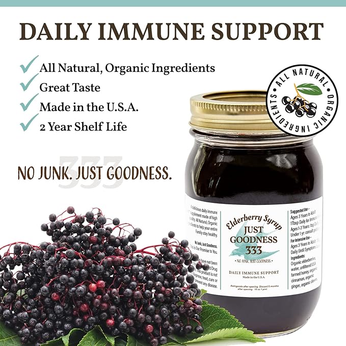 All Natural Elderberry Syrup (16 fl oz) for Adults and Kids, Daily Immune Support Herbal Supplement with Antioxidants, Organic Sambucus Elderberry