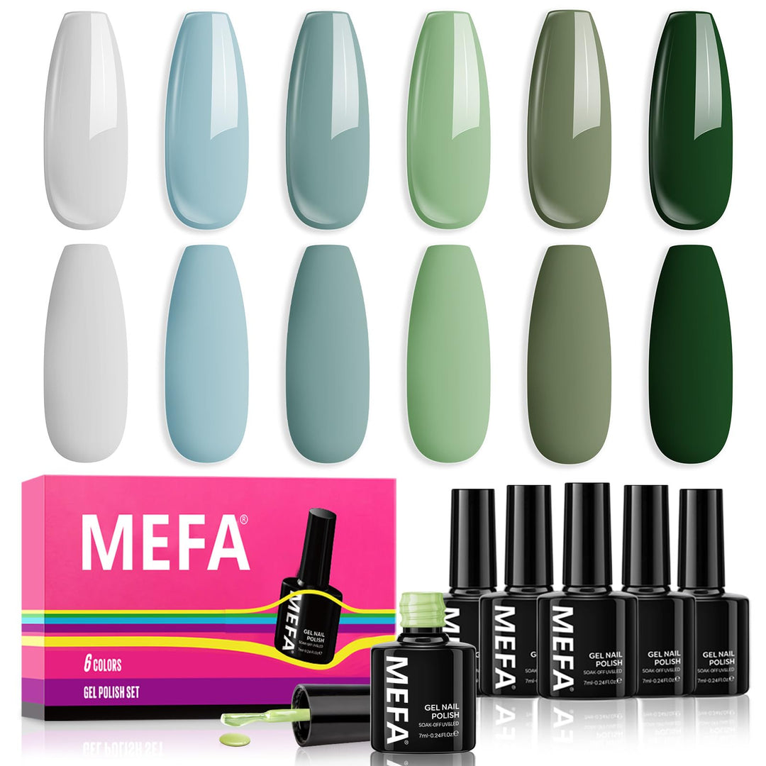 Mefa Green Gel Nail Polish Set 6 Colors, Sage Green Mist Blue Light Grey Dark Olive Shades Earth Tone Gel Polish Matcha Avocado