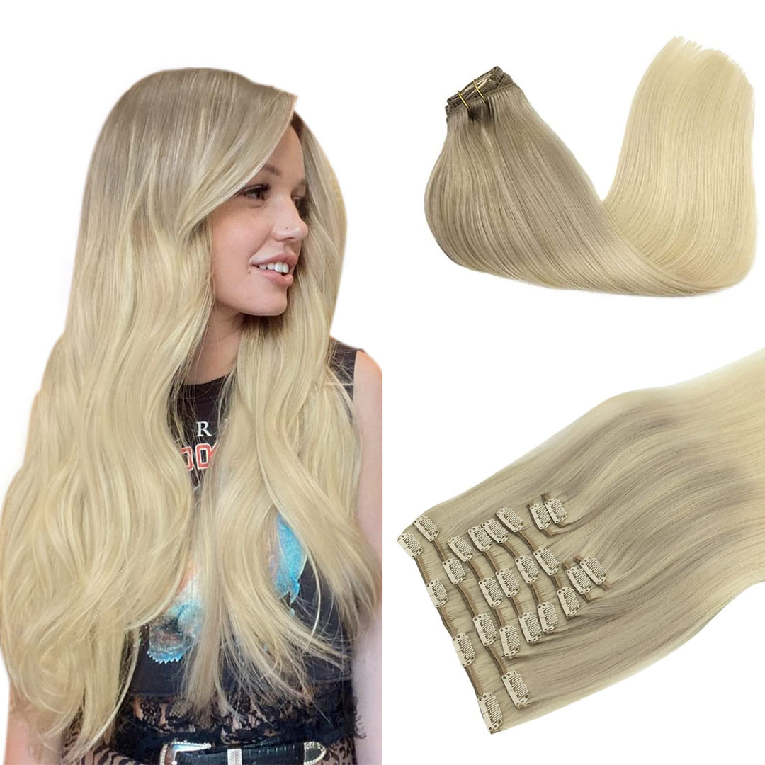 Doores Hair Extensions Clip In Human Hair, 10Pcs 155G 14 Inch Balayage Ash Blonde To Golden Blonde And Platinum Blonde Remy Clip