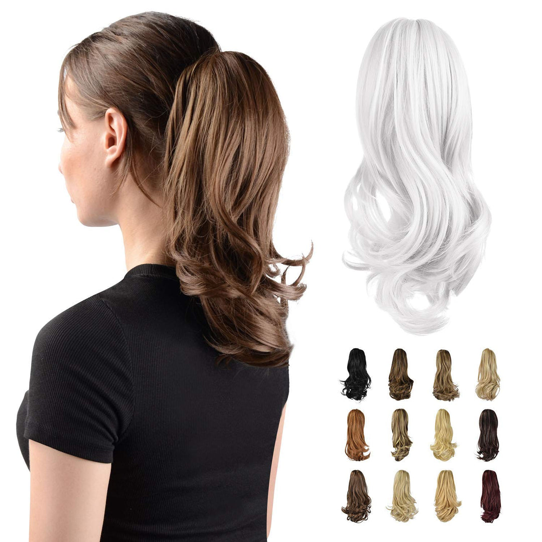 SOFEIYAN 13" Ponytail Extension Long Curly Ponytail Clip in Claw Hair Extension Natural Looking Synthetic Hairpiece for Women, Silver Grey