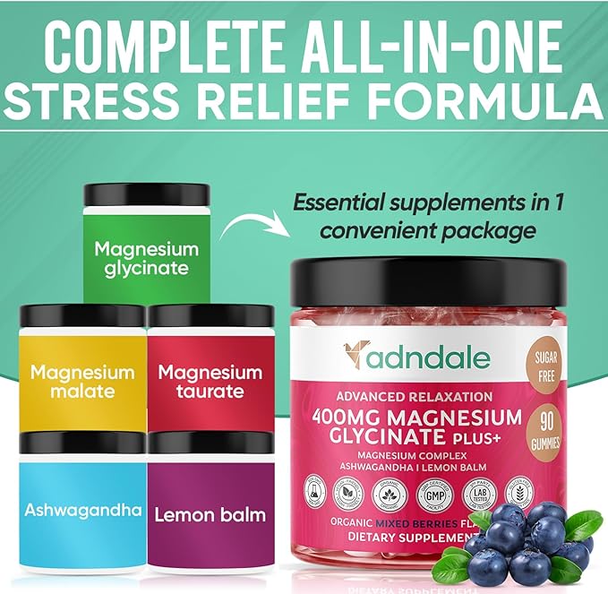 90 CT Magnesium Glycinate Gummies 400 mg/Serv - with Ashwagandha, Magnesium Malate & Taurate - Sugar Free Chews for Adults & Kids Relaxation, Stress Relief, Night Rest, Muscle & Cardio Support