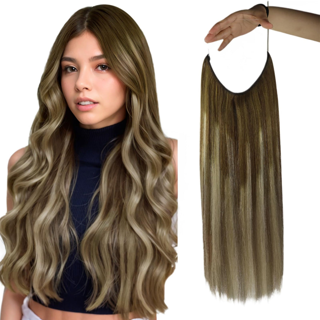 Full Shine Invisible Wire Hair Extensions Remy Human Hair One Piece Hair Extensions Clip Ins Balayage Brown Ombre Ash Brown Mix