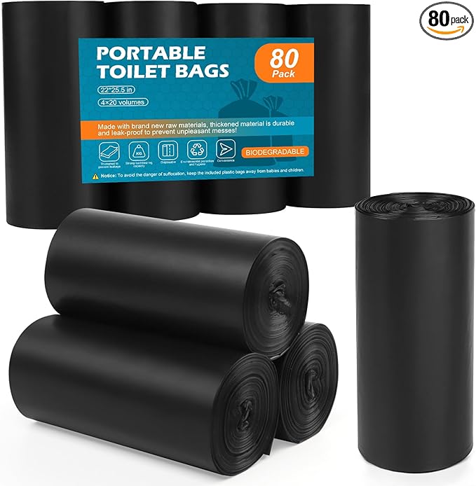 80 Portable Toilet Bags, Camping Toilet Bags, 5-8 Gallon Compostable Bags, Biodegradable Toilet Bags for 5-8 Gallon Bucket Toilet Seat, Biodegradable Waste Bags for Outdoor Boating Travel Camping