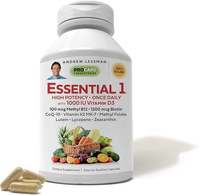ANDREW LESSMAN Essential-1 Multivitamin 1000 IU Vitamin D3 180 Small Capsules - 100 mcg Methyl B12. CoQ10 Lutein Lycopene Zeaxanthin. High Potency. No Additives. Ultra-Mild. One Daily Capsule