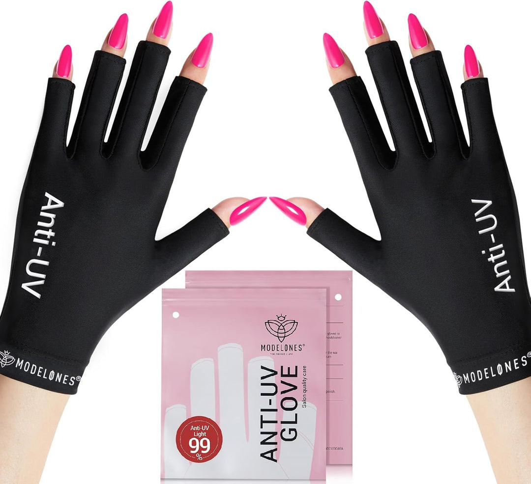 modelones UV Gloves for Gel Manicures, Fingerless UPF99+ Protection, Black Anti-UV Gloves for Women, Skin Protection from UV Light