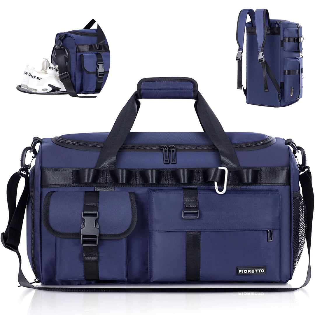 FIORETTO Women's Men's Water-Resistant Gym Duffle Bag with Shoes Compartment, 45L Capacity, Multi-Functional, Ideal for Travel, Gym, Sports, Weekender, Navy Blue