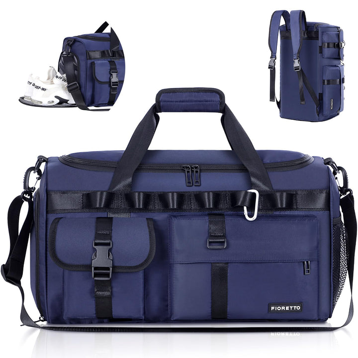 FIORETTO Women's Men's Water-Resistant Gym Duffle Bag with Shoes Compartment, 45L Capacity, Multi-Functional, Ideal for Travel, Gym, Sports, Weekender, Navy Blue