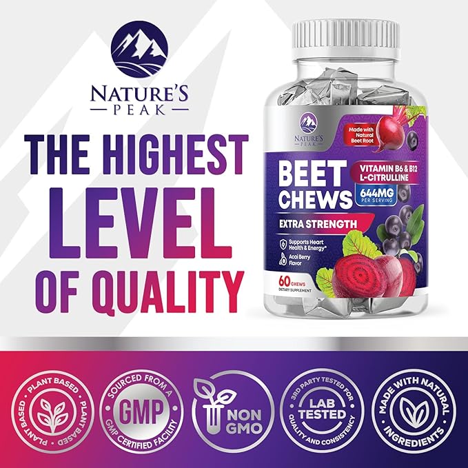 Beets Chews - Beet Root Gummies for Nitric Oxide Support, Superfood Beets Powder Soft Heart Chews, Grape Seed Extract & Non-GMO Beetroot Energy Supplement Supports Heart Health & Energy, 60 Soft Chews