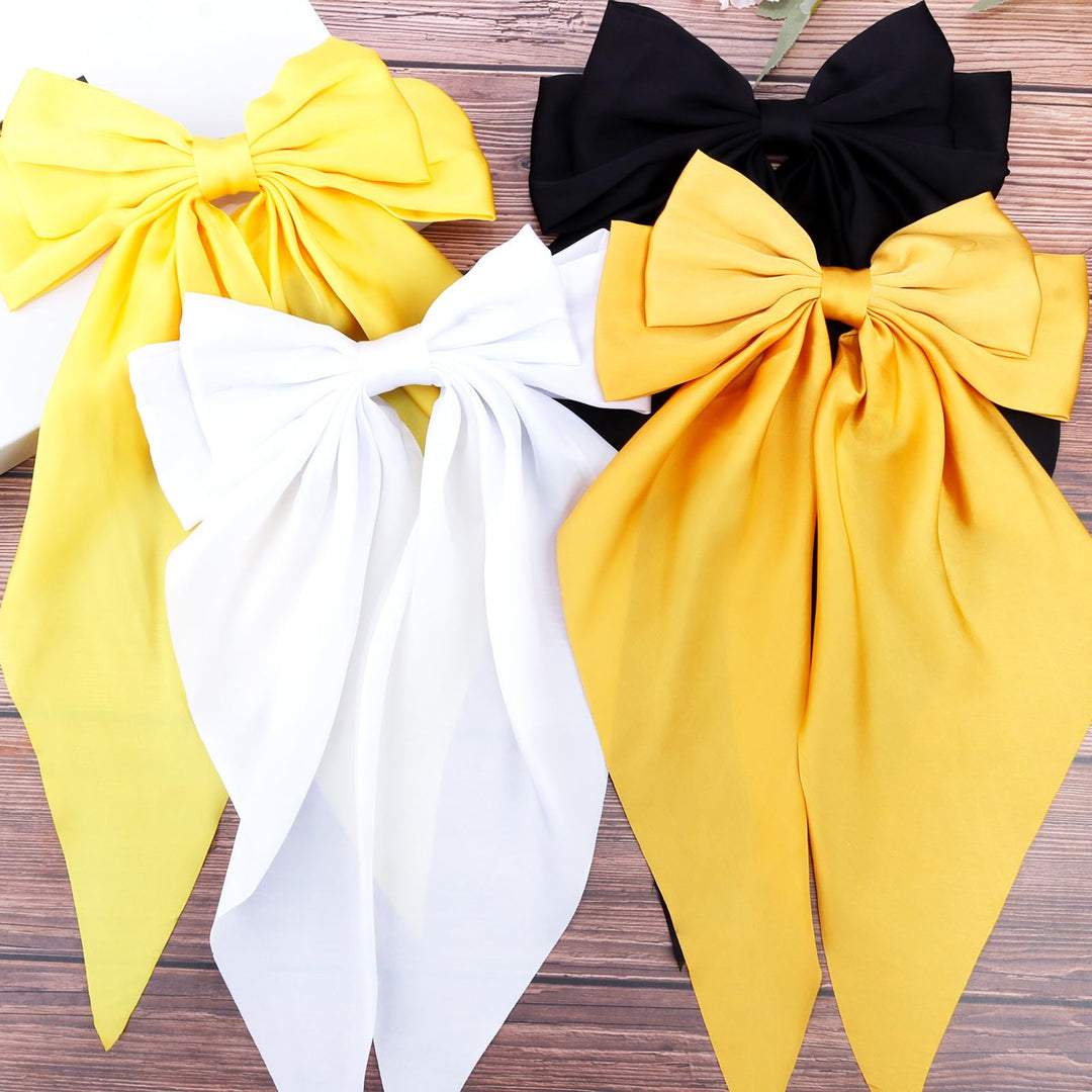Velscrun Black White Bright Yellow Yellow Hair Bows for Women Girls, Silky Satin Large Coquette Bow, Oversized Hair Ribbons 4Pcs Big Bows Clip Long Tail Bowknot Hair Barrettes Bow Accessories