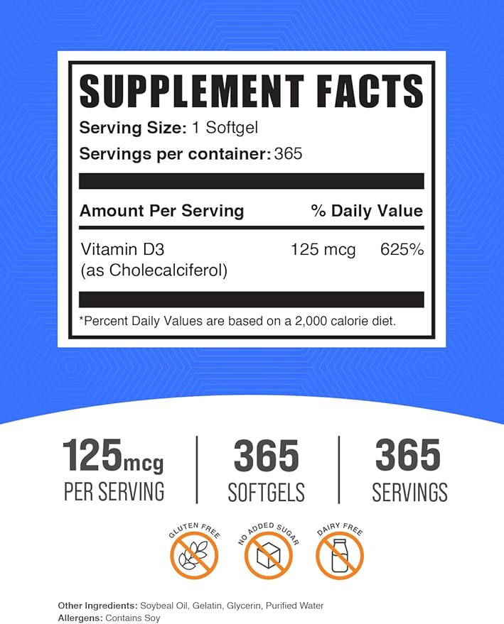 BulkSupplements.com Vitamin D3 5000IU Softgels - Cholecalciferol, D3 Supplement, Vitamin D 5000 IU - 1 Vitamin D3 Softgel (125mcg of Vitamin D) per Serving, 365 Count (Pack of 1)
