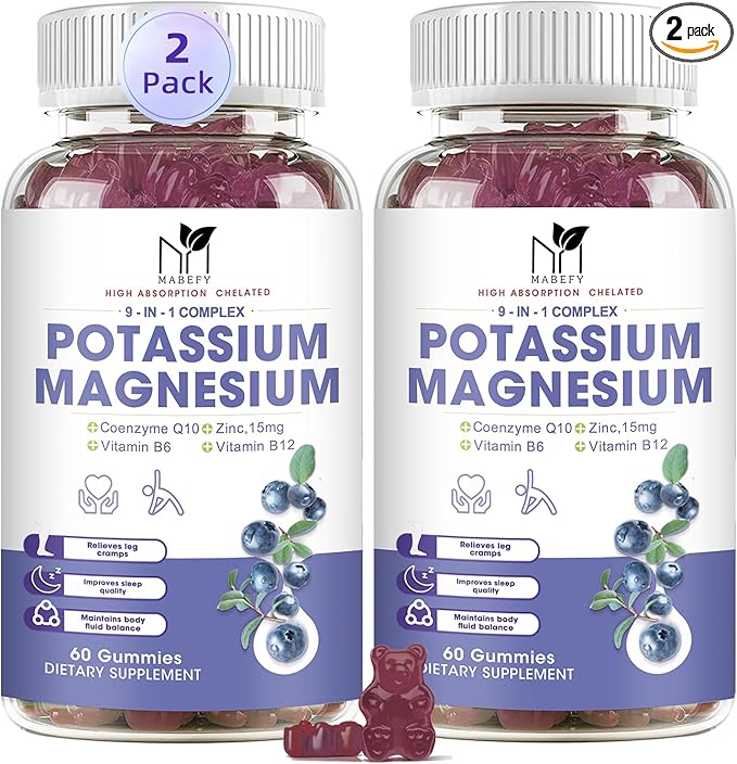 2 Pack Potassium Magnesium Gummies, Sugar-Free Potassium Gummies with Magnesium Glycinate 500mg Chewable Magnesium Potassium Supplements with Calcium, Zinc, Vitamin for Leg Cramps & Muscle
