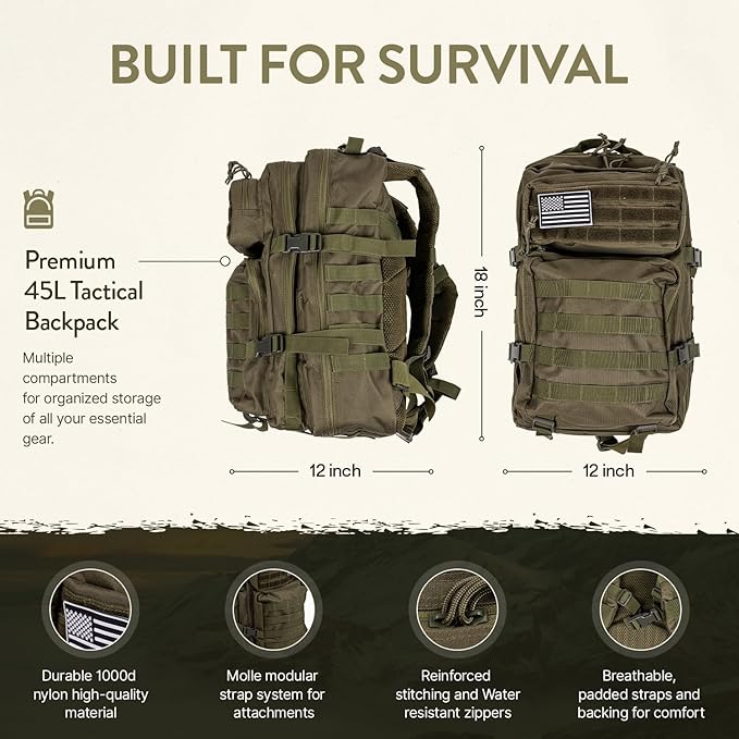 72-Hour Survival Kit | 45L Bug Out Bag | Survival Gear with First Aid, Water Filter, Food, Tools | Camping, Hiking, Outdoor Preparedness Equipment