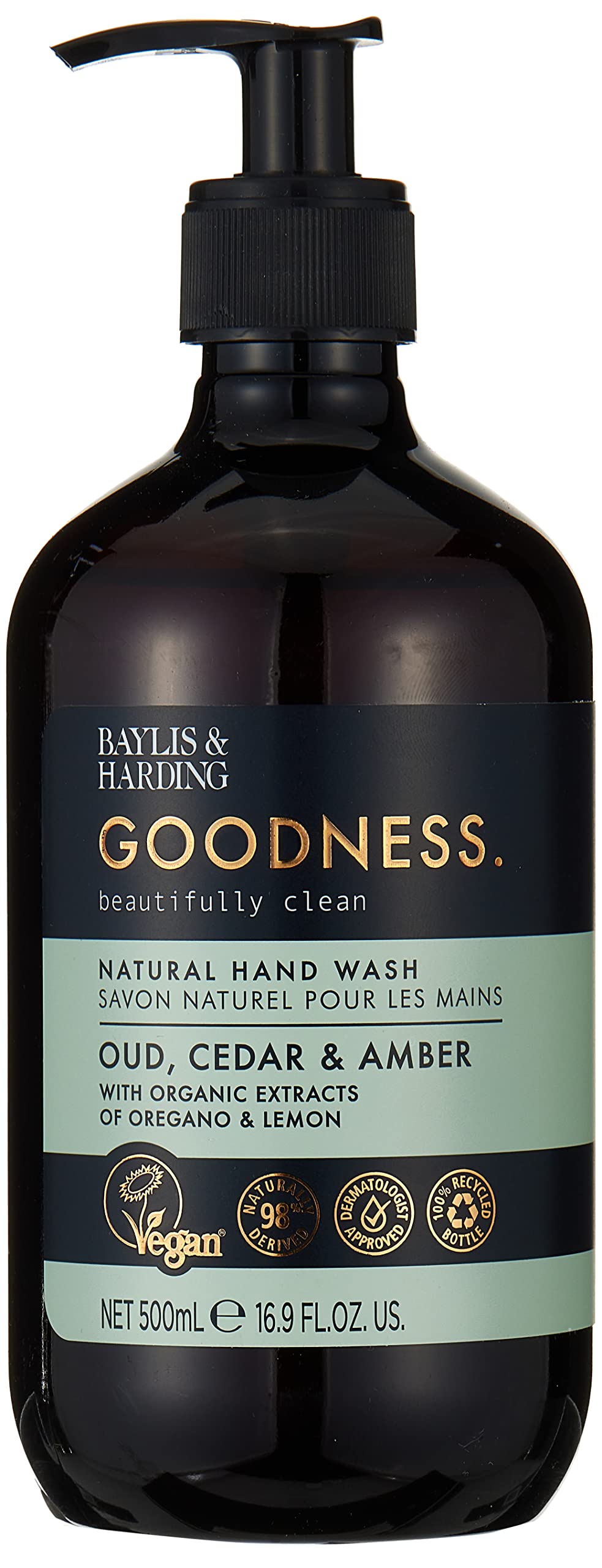 Baylis & Harding Liquid Hand Soap Wash With Dispenser, Goodness, Oud Cedar & Amber, 16.9Oz/500Ml