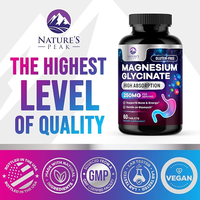 Magnesium Glycinate Chelated for Max Absorption - Supports Bone, Muscle, Nerves & Heart Health, Nature's Sleep and Stress Support, Best Magnesium Supplement Pills for Whole Body Support - 60 Tablets