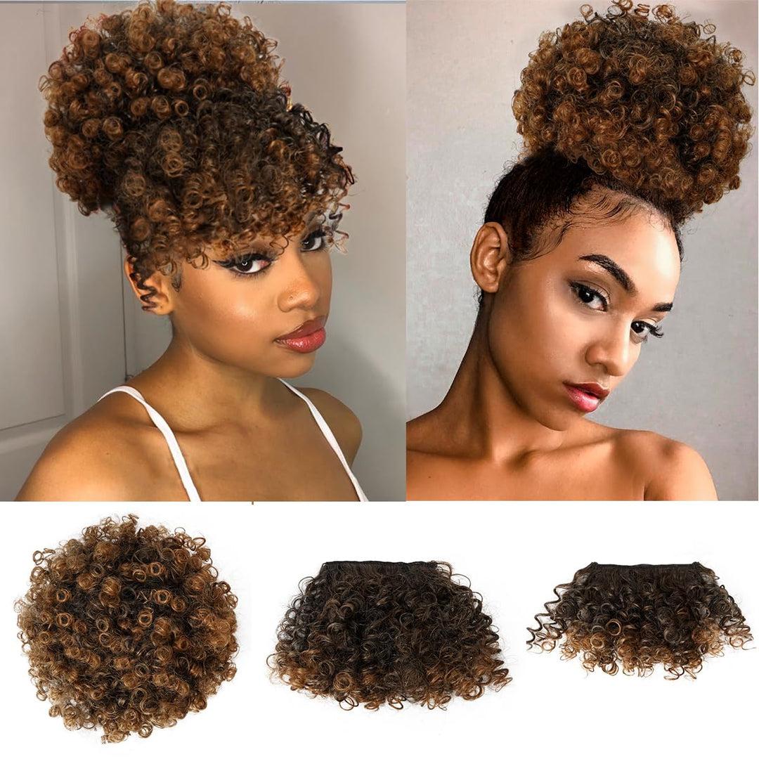 Cetiq Afro Puff Ponytail Extensions with 2 Replaceable Bangs Drawstring Ponytail for Black Women Short Kinky Curly Ponytail Bun Pineapple Updo Hair, 3 Piece Set (T30)