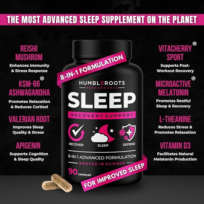 8-in-1 All-Natural Sleep Aid Supplement for Recovery, Immunity, & Sleep Support | Organic Reishi & Valerian Root | Ashwagandha Root & VitaCherry Sport | Apigenin & L-Theanine | Melatonin & Vitamin D3