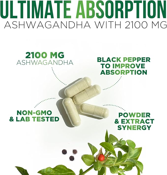 Ashwagandha Extra Strength 2100mg - Ashwagandha Supplements for Women & Men, Antioxidant Support, Nature's Vegan Ashwagandha Powder, Ashwagandha Supplement, Non-GMO & Gluten Free - 60 Capsules