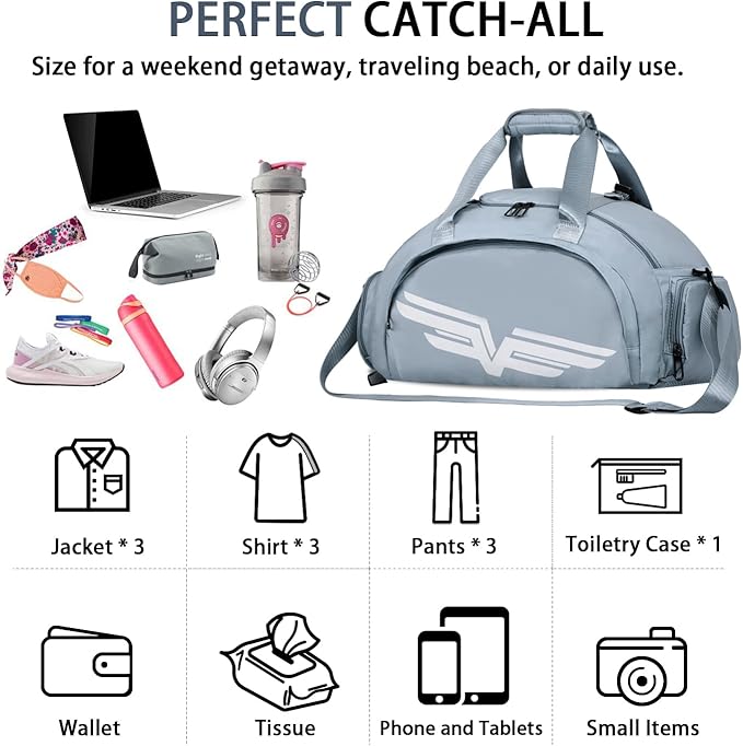 FIORETTO 30L Sports Gym Duffle Bag with Wet Pocket & Shoe Compartment, Weekender Hospital Overnight Bag for Women, Sports Holdall Backpack