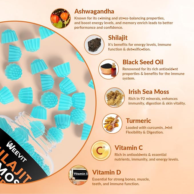 Shilajit Ashwagandha Black Seed Oil Gummies with Sea Moss for Women & Men, All in 1 Supplements Advanced Strength Formula for Immune, Absorption & Energy Support