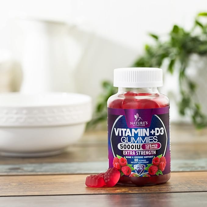 Vitamin D3 Supplement Gummy 5000 IU (125 mcg) Dietary Vitamins D for Men & Women - Bone, Teeth, Muscle and Immune Health Support, High Potency VIT D3 Nature's Non-GMO & Gluten Free - 60 Gummies