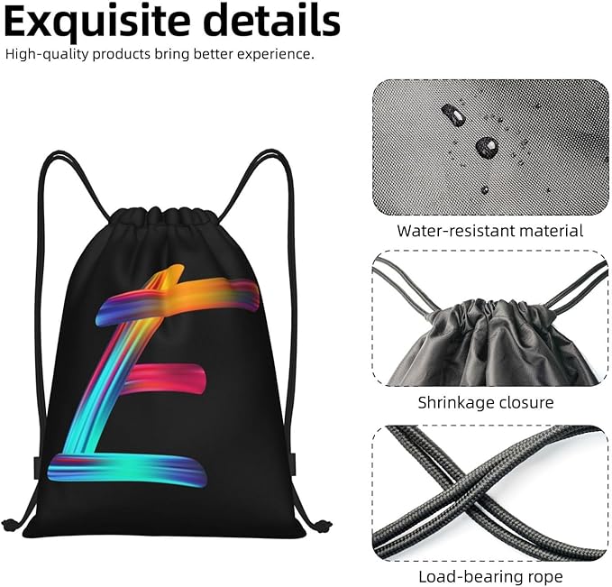 Drawstring Bags Initial Drawstring Backpack Sackpack Black Draw String Cinch Bags for Sports, Gym, Travel, Swimming, Beach, Camping, Rainbow Letter E