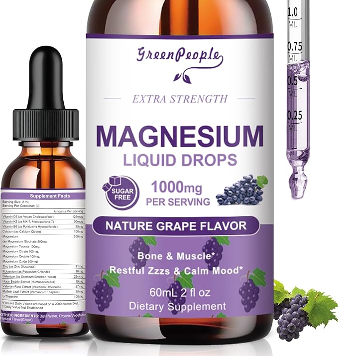 Magnesium Glycinate Liquid Drops - 1000mg 5-in-1 High Absorption Liquid Magnesium Complex with D3/K2/B6 | Fast-Acting, Bone, Muscle & Sleep | Sugar-Free Grape Flavor, 2fl Oz
