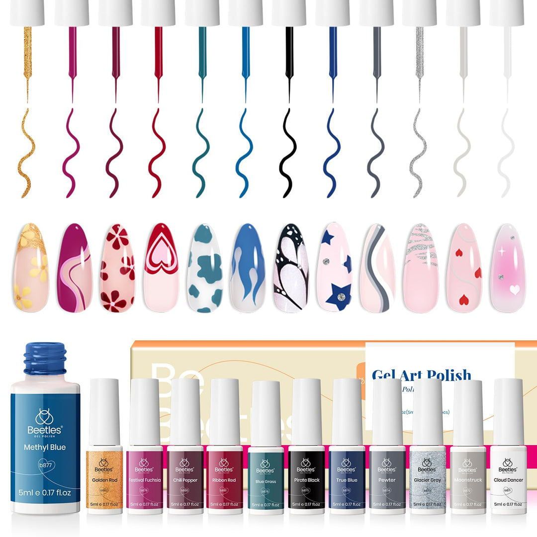 Beetles Nail Art Polish-12 Colors Gel Liner Nail Polish Set Pink Blue Red Green White Gold Liner Gel Polish Gel Nail Polish Soak