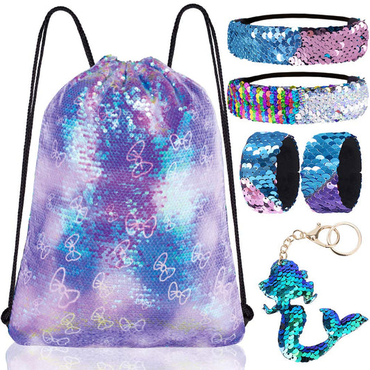 Mermaid Reversible Sequin Drawstring Backpack/Bag Clear Iridescent Sequin+ Butterfly Shape Spotted Purple Fabric for Kids Girls One_Size
