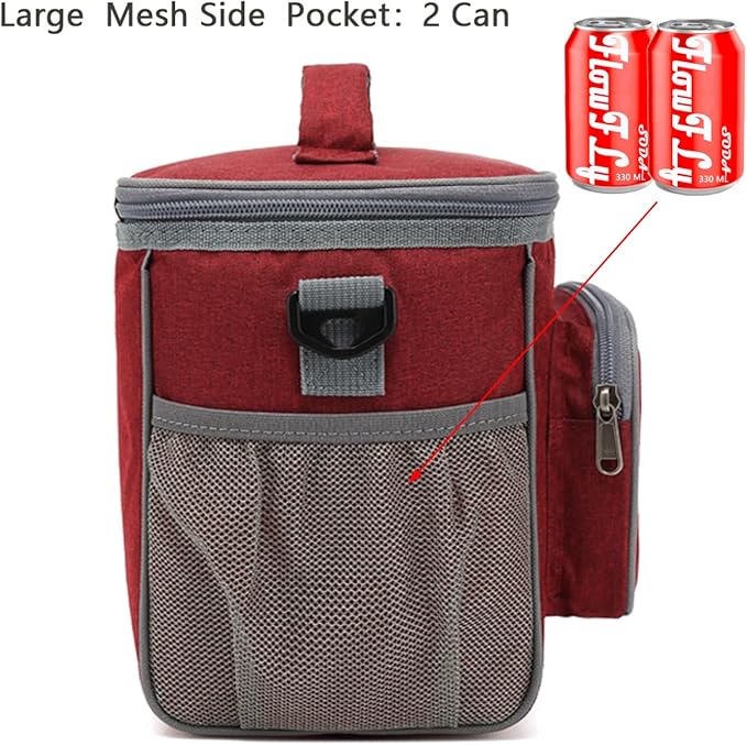 FlowFly Insulated Reusable Lunch Bag Adult Large Lunch Box for Women and Men with Adjustable Shoulder Strap,Front Zipper Pocket and Dual Large Mesh Side Pockets,Red