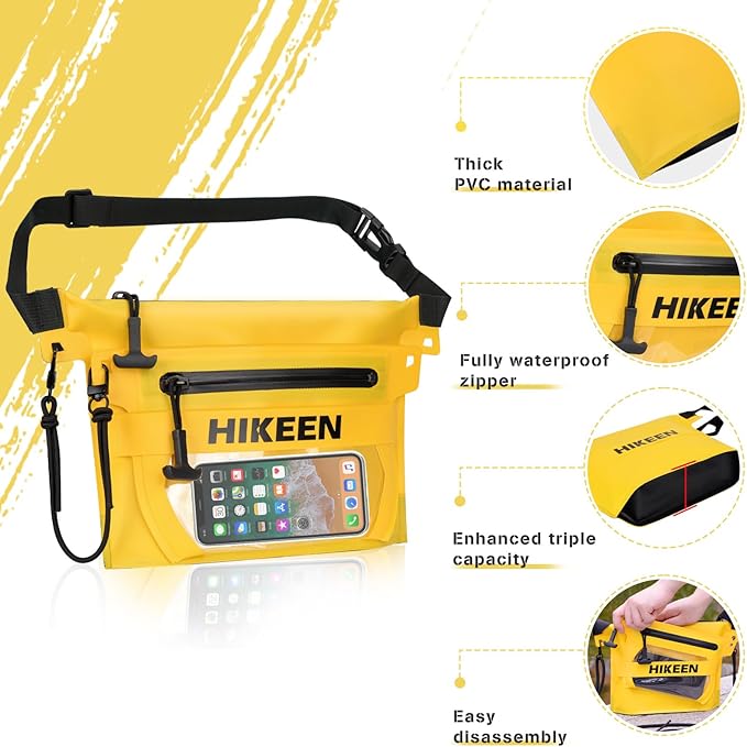 Hikeen 2 in 1 Waterproof Dry Bag with Screen Touch, IP68 Small Dry Bag Removable to Keep Phone Wallet Safe and Dry for Beach Swimming Kayaking Boating (Yellow)