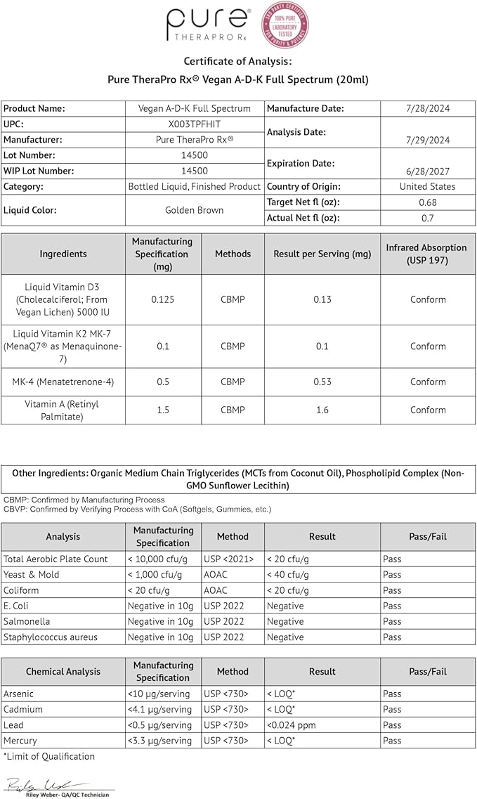 Pure TheraPro Rx Vegan A-D-K Drops-6 Mon Supply-Vitamin A(Palmitate & Betacarotene),Liposomal Vitamin D3(as vegan cholecalciferol),Liposomal Vitamin K2(MK-4 & MK-7)Supports Immunity & Bone Health-20mL